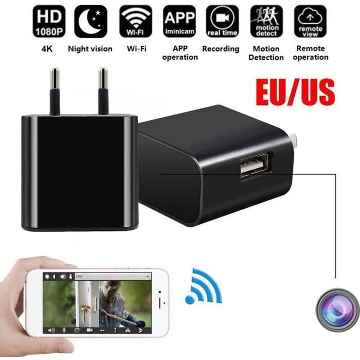 Mini WiFi 4K Caméra Espion Cachée Chargeur Murale Sans Fil USB Vision Nocturne Détection de Mouvement Cam Nounou DVR