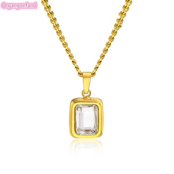 Collier Pour Femme Vintage - Chaîne En Acier Inoxydable Doré Avec Pendentif Carré Zircon Et émeraudes - 41-45cm - Neuf Avec étiquettes