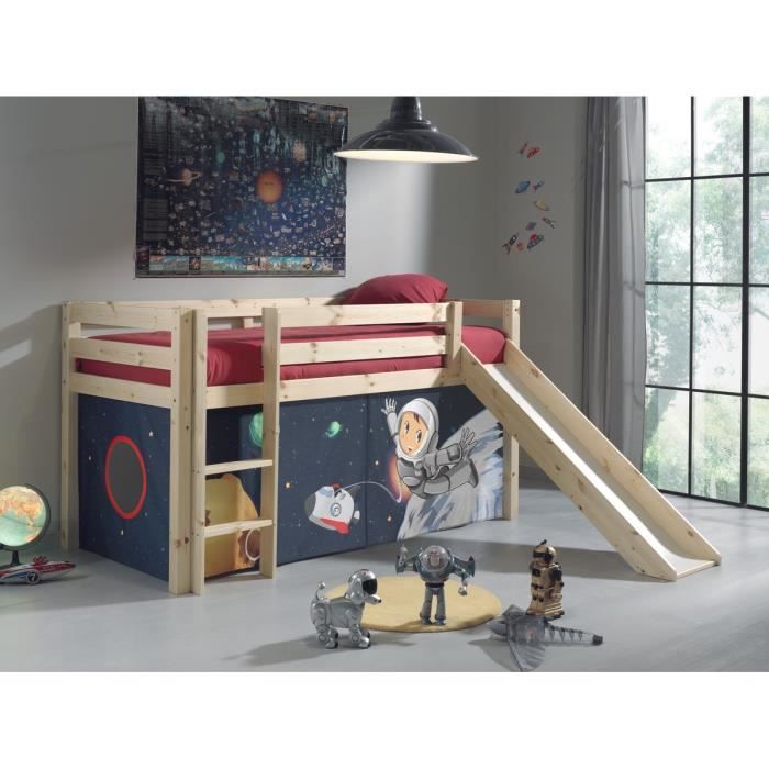lit enfant mezzanine toboggan et housse space - pino - bois massif - 90x200