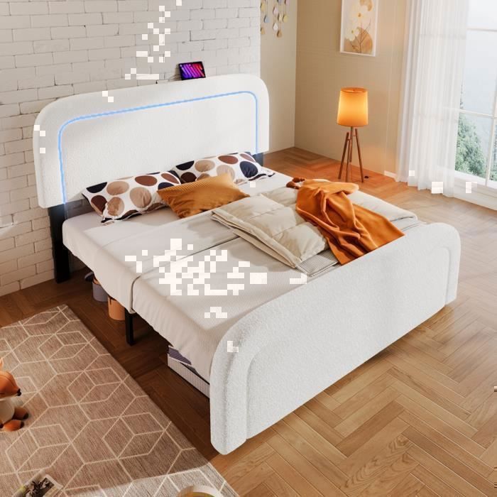 Lit Suspendu 160x200 Avec Tête De Lit Rembourrée, LED RGB, Prises USB, Rangement, Sommier Inclus, Blanc