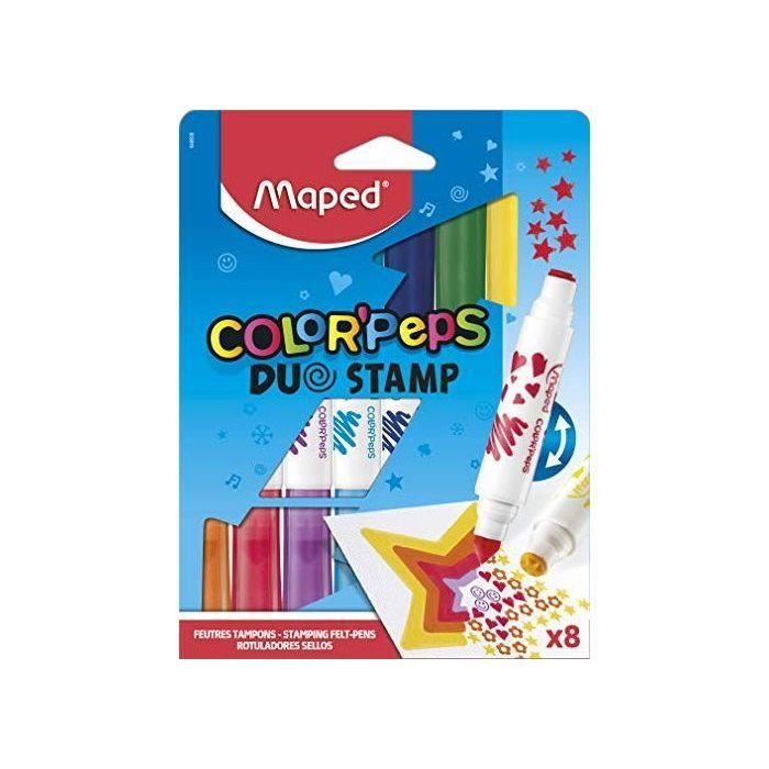 Maped - Feutres Duo Stamp Color'Peps - 8 Feutres Tampons - 1 Pointe Tampon + 1 Pointe Feutre - Conforme à la Réglementation des