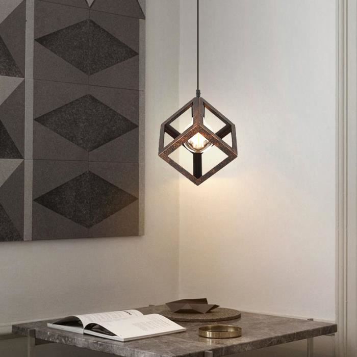 SNO Lustre Cube Ø16cm Ferrugineux Lustr Industrielle Moderne - E27 Luminaire Vintage Suspension de Salon Chambre Balcon