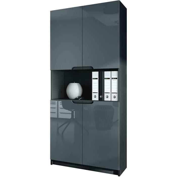 Vladon Étagère de Bureau Logan V2, de Rangement avec 5 Compartiments et 4 Portes, Noir MatGris