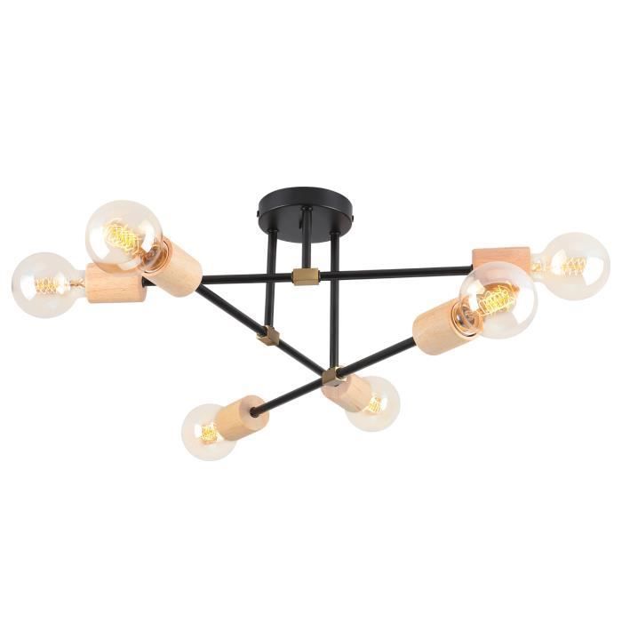 UNI Plafonnier 6x E27 Luminaire Vintage Industrielle Lustre pour Cuisine Chambre Salon en bois