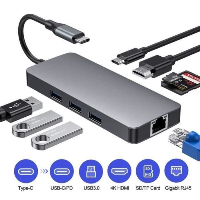 LE17161-Hub USB C Type C Adaptateur avec Port HDMI Port Gigabit Ethernet Usbc électrique 3 Ports USB 30 Lecteur de Carte SD