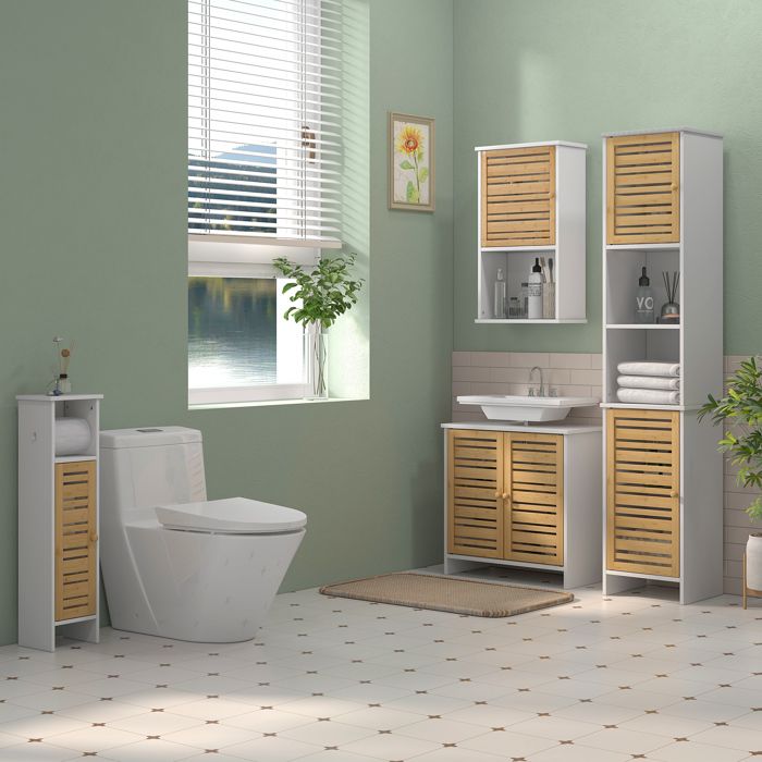 Meuble Colonne Salle De Bain HOMCOM 160cm - Armoire Rangement Avec Porte Et 2 Étagères - Blanc 30x30cm