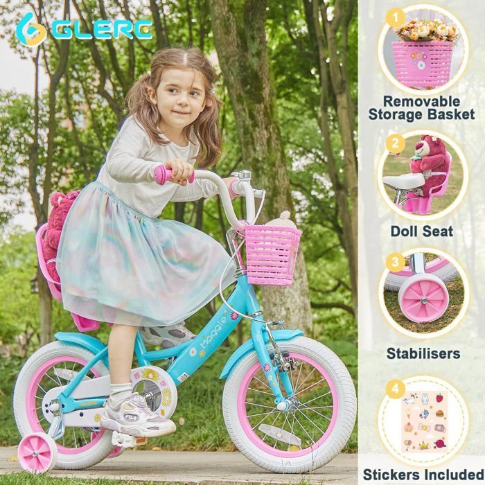 Vélo Enfant 12 Pouces KinHall Avec Roues Stabilisatrices - Freins Double, Panier, Réglable - Bleu
