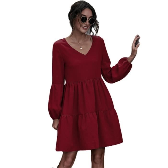 Robe Robes Femme Automne Hiver 2020 Midi Vintage automne mode a manches longues decontracte volants col en v fete Type Red Blanc Cdiscount Pret a Porter
