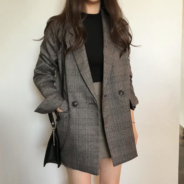 Manteau Blazer a carreaux pour femme elegant decontracte a manches longues en Tweed court de bureau de poche black B5489 Blanc Cdiscount Pret a Porter