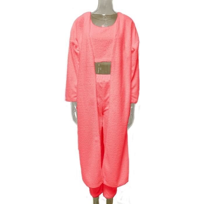 Ensemble de pyjama 3 pièces moelleux pour femme Sexy chaud polaire floue  ouvert devant cardigan veste haut court pantalon costume vê