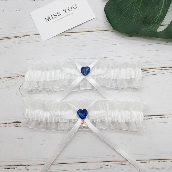 Lot De 2 Jarretelles De Mariée En Dentelle Blanche Et Bleue Avec Perles – Accessoires Élégants Et Romantiques Pour Votre Grand Jour