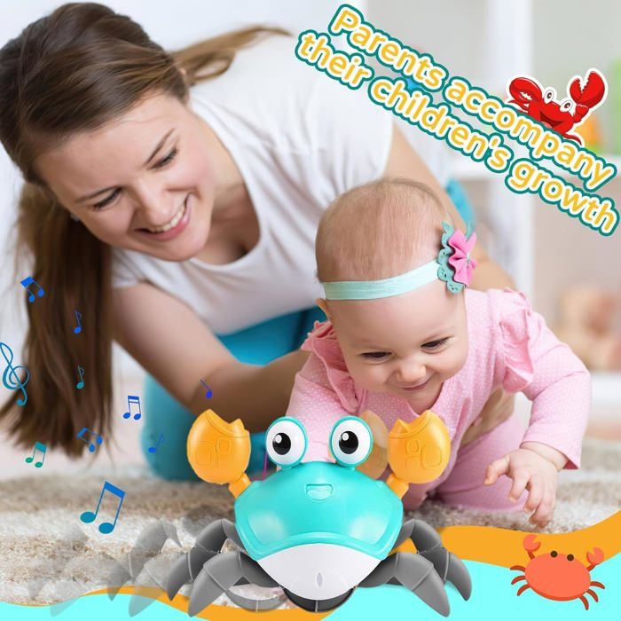 Crabe Qui Marche Bebe – Jouet Rampant 1 An Avec Musique, Lumières, Détecteur D’obstacles – Vitesse Réglable, Son Contrôlable, Rechargeable USB – Cadeau Enfant 6 Mois à 5 Ans