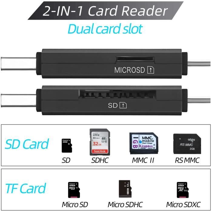 Lecteur de Cartes USB C USB 3.0 2 en 1 Adaptateur de Carte SD Micro SD  Accès Simultané à 2 Cartes Max 2To Compatible avec A56 - Cdiscount  Informatique