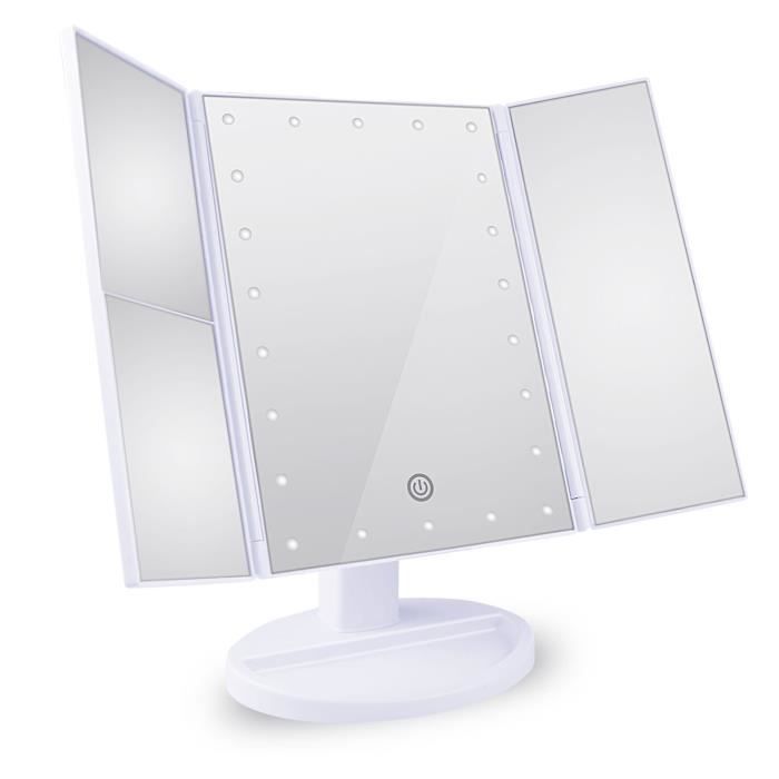 Miroir De Maquillage Triple Avec 24 LED - Grossissements 1x, 2x, 3x, 10x - Écran Tactile, Rotation 180° - Alimentation Piles Ou USB
