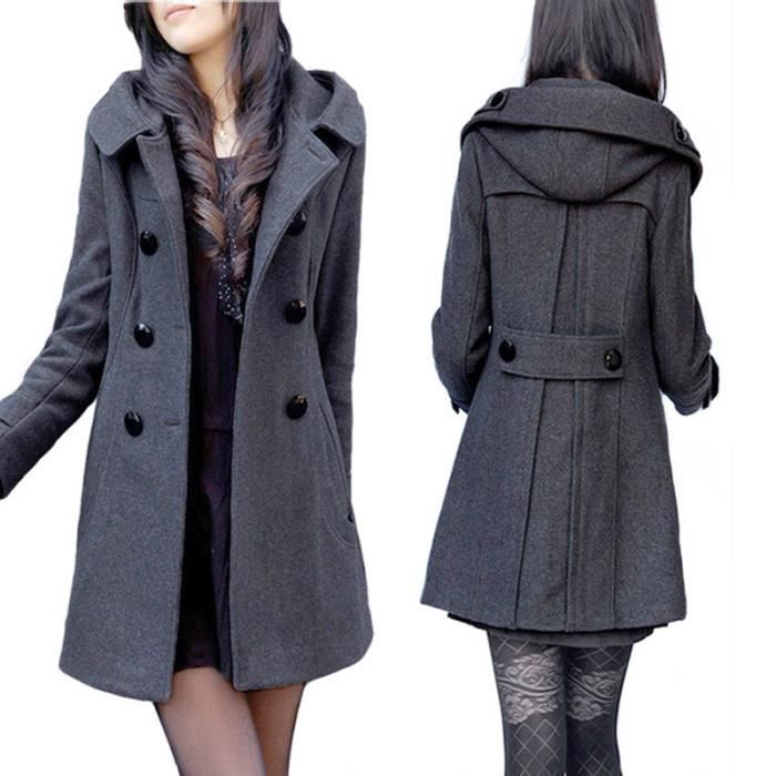 Manteau en laine pour femme Gris Pardessus epaissi a capuche mi longue pour l hiver