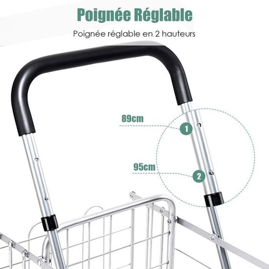 Chariot De Courses Pliable COSTWAY 4 Roues - Double Panier, Capacité 126L, Charge 150kg - Cadre Métal, Doublure