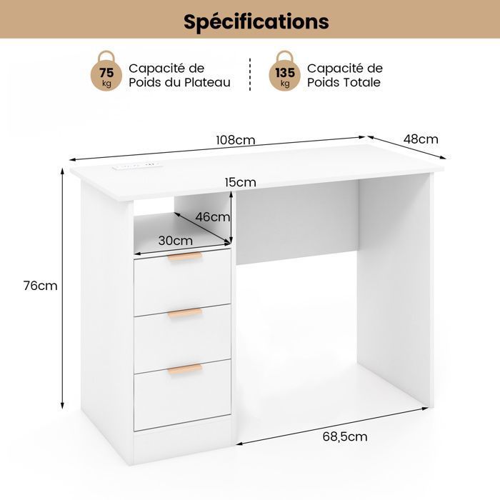 Bureau Ordinateur COSTWAY Avec Station Charge - 105x55cm Avec Tiroir, Étagère Réglable