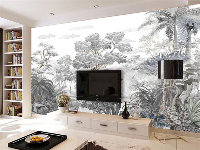 Papier Peint Panoramique 3D noir et blanc arbre plante salon homewear ...