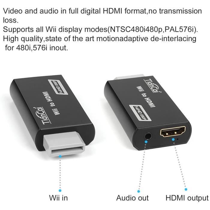 Adaptateur de convertisseur Wii Hdmi, sortie de connecteur Wii vers Hdmi  Audio 3,5 mm - Prend en charge tous les displa Wii