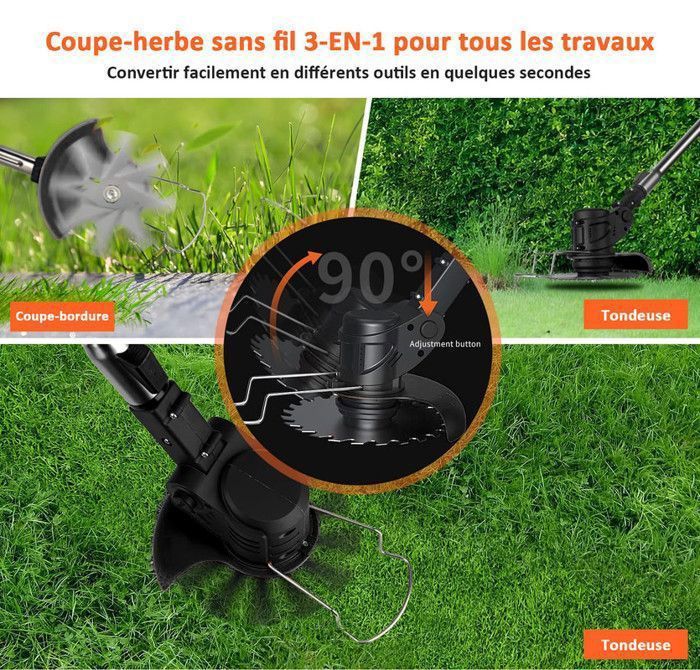 Débroussailleuse Électrique Sans Fil 21V - 3 En 1 Avec Roues Et 2 Batteries 4000mAh - Coupe Herbe, Bordures, Petits Arbustes - 14