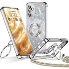 1001 PILES BATTERIES Coque pour Samsung Galaxy A15 5G Con Cordon, Mignonne et Luxueuse, Double Anneau Motif Cœur d'amour pour Femmes et Filles, Argent