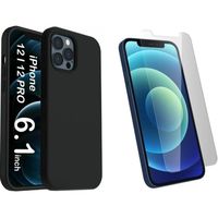 Coque iphone 12 iphone 12 Pro silicone noir Liquid intérieur microfibre 6.1 pouces modèle 2020 et verre trempé inclus. Souple fine