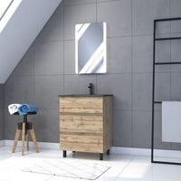 Ensemble de salle de bain 60x80 - Tiroirs finition chêne naturel + vasque noire + miroir led - TIMBER 60 - Pack 14