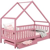 Lit cabane ALVA lit enfant simple asymétrique montessori en bois 90 x 190 cm, avec rangement 2 tiroirs, en pin massif lasuré rose