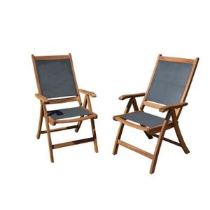 FAUTEUIL JARDIN  Lot de 2 fauteuils de jardin pliants en bois d'acacia FSC et textilène - Gris