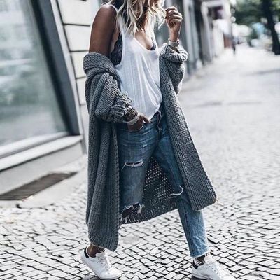 BGNHJ Cardigan Femme,Casual Loose Couleur Unie Gris Mesdames Cardigan Tricoté Pulls Ultra-Doux À Devant Ouvert À Manches Longues Chunky Veste De Survêtement Chaud Manteau Long, M