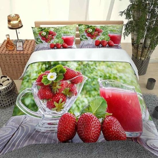 Housse De Couette 140x200 Cm Cerise - Parure De Lit 1 Personne En Microfibre Douce - Impression 3D Réversible - Avec 1 Taie D'oreiller 65x65 Cm