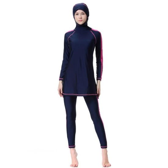 Burkini 3 Pièces Femme Modeste – Maillot De Bain Musulman Zippé Manches Courtes + Pantalon Court + Hijab, Taille S à 4XL
