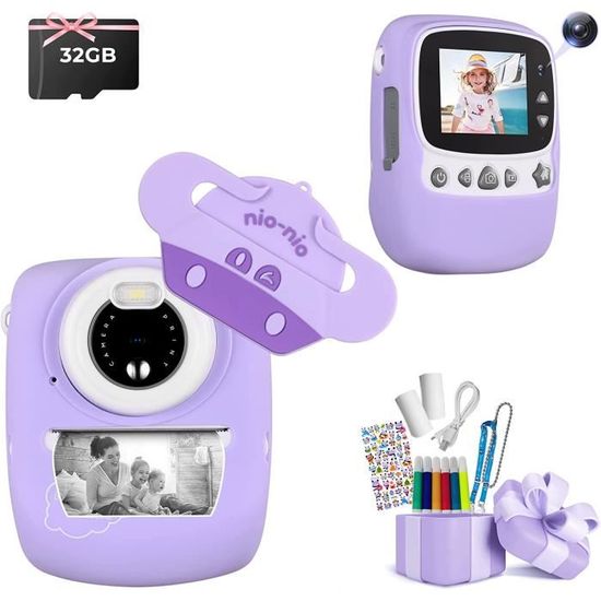 Appareil Photo Enfant 30MP 1080P – Impression Instantanée En Noir Et Blanc – Double Caméra – 32GB – Rose – Accessoires Stickers