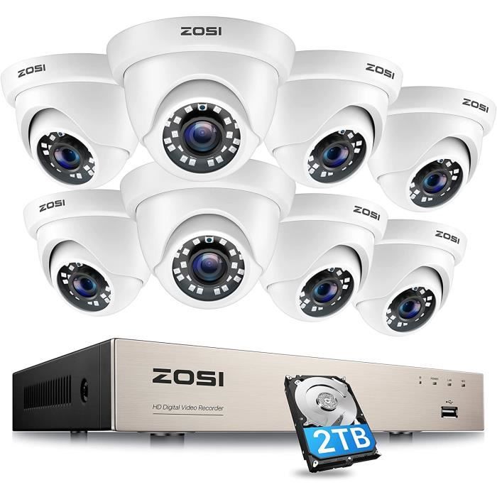 ZOSI 8CH 1080p H.265+ DVR Enregistreur 2TB HDD 2000TVL Caméra de Surveillance Extérieur Sécurité pour la Maison Vision Nocturne