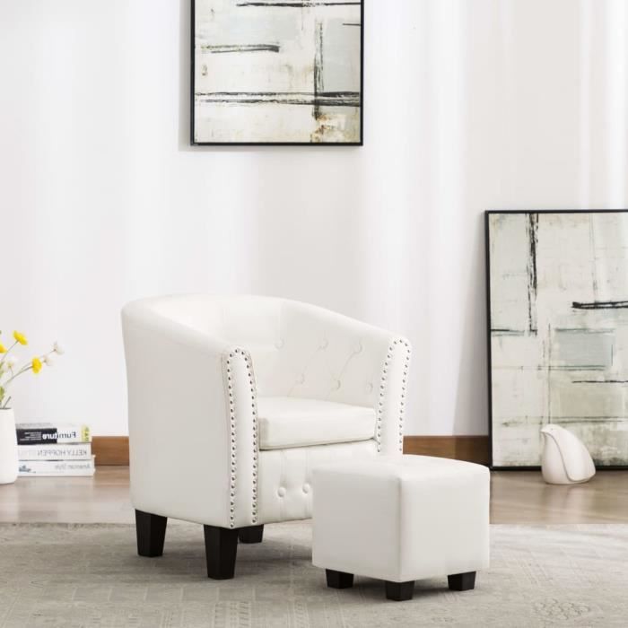 Fauteuil chesterfield avec repose-pied Blanc Similicuir