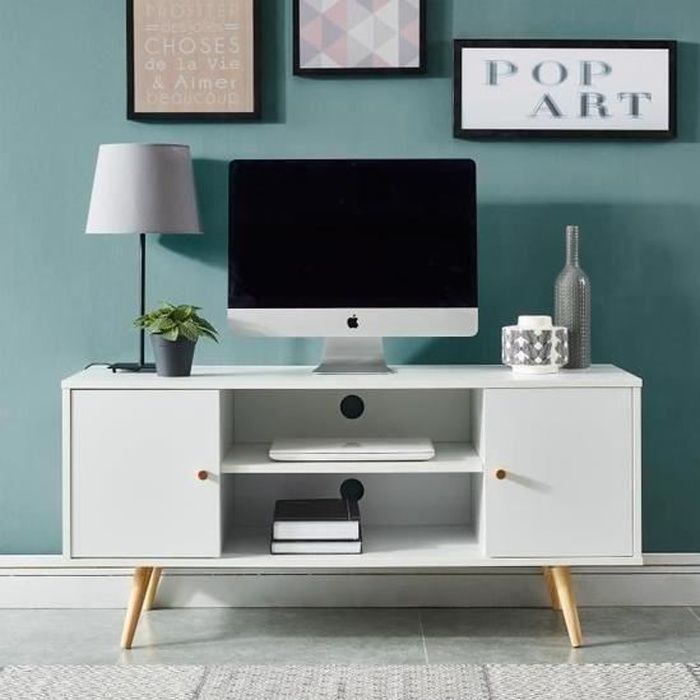 Meuble TV EFFIE scandinave blanc ,Fabriqué en Bois de pin Massif