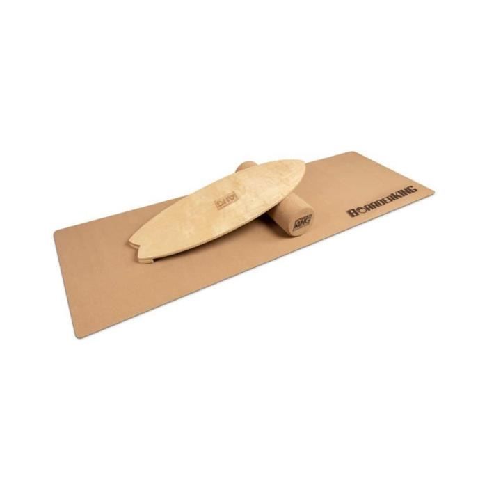 BoarderKING - Kit Indoorboard Wave : planche d'équilibre + tapis + rouleau - Bois-liège naturel