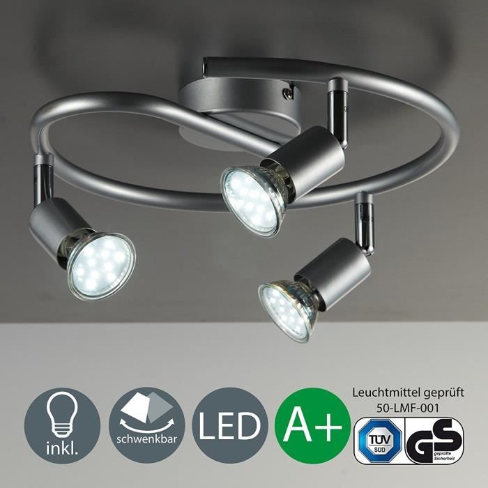 Plafonnier LED-3 spots-GU10-3 W-250 lumens-orientable-titane, [Classe énergétique A+]: Luminaires et Eclairage