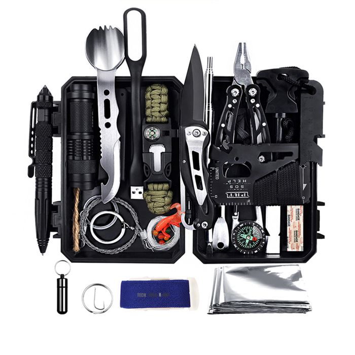 Kit de Survie d'urgence 15 en1 avec Outils Multifonction, Couteau Pliant, Lampe de Poche, Allume Feu, Camping, Paracorde pr Ran A3