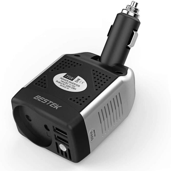 BESTEK Convertisseur 12v 220v Chargeur Allume Cigare avec 2 Ports USB Onduleur de Voiture 75W (Noir Blanc) A17