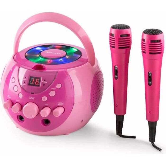 auna SingSing - Lecteur karaoké portable avec lecteur CD et effets LED (effet écho, 2 micros inclus, fonction AVC, sortie vidéo)