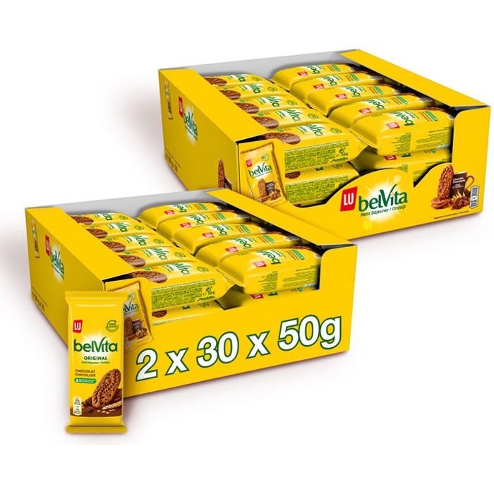Belvita - 2 Présentoirs de 30 sachets - Petit Déjeuner Chocolat - Biscuits aux 5 Céréales Complètes et Pépites de Chocolat