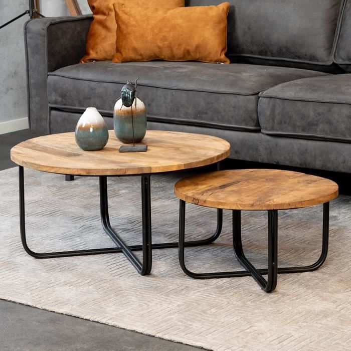 Clara Table Basse Industrielle Ø65/45 - Bois Massif Set De 2