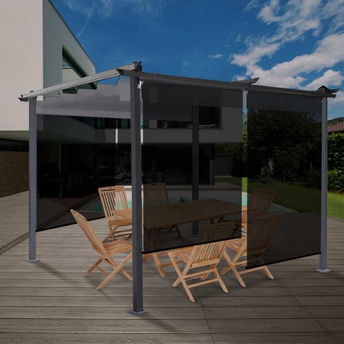 ID MARKET - Lot de 3 stores enrouleurs tamisants L.124 x H.225 CM pour pergola noir