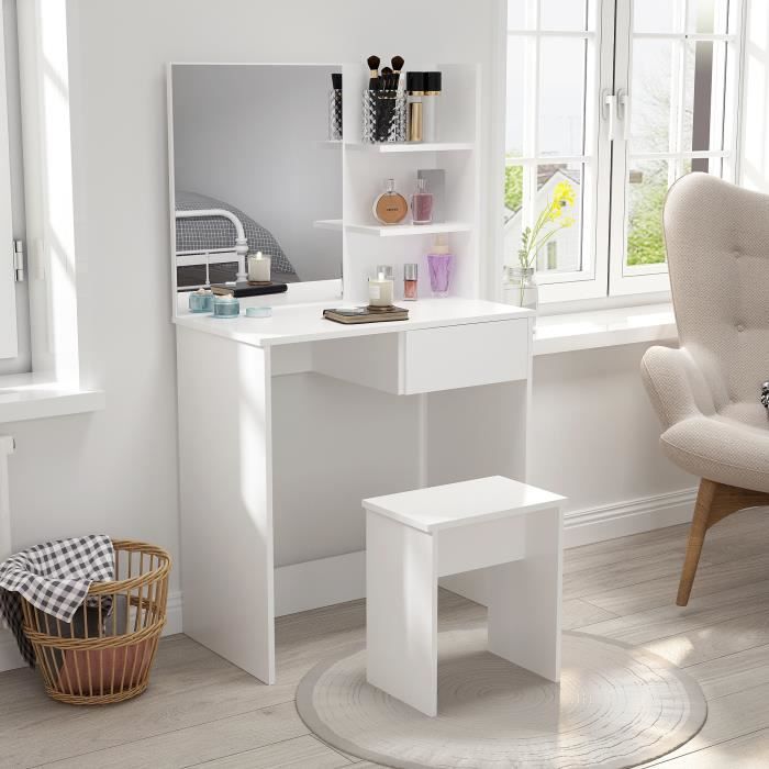 Coiffeuse avec Tabouret - Ensemble de Table de Maquillage - Bois, Miroir, 3 Étagères, Tiroir - Blanc - Mondeer