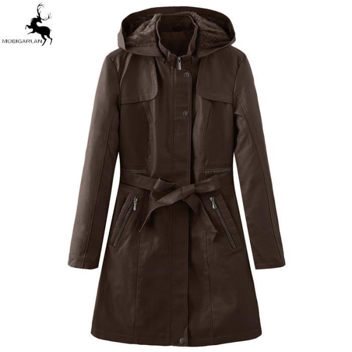 Trench Femme Mode Casual Mi-longueur Chaud Automne et Hiver Épaissir Avec Capuche Haute Qualité Cuir PU Trench - CW108Y