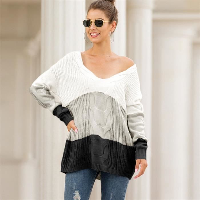 Pull Femme À Épaules Dénudées Patchwork Col V Chandails Décontracté Pour Femme