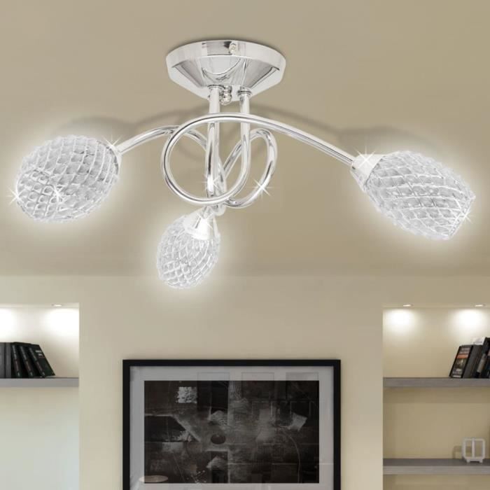 Lustre/ Lampe de Plafond Blanche 3 Abats Jours en Cristal G9