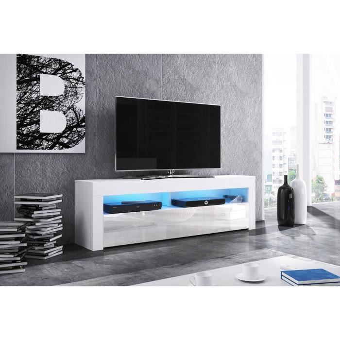 Meuble TV design MEXICO 160 cm, 1 porte et 1 niche, coloris blanc brillant + LED L 160 X P 35 X H 50 cm Blanc