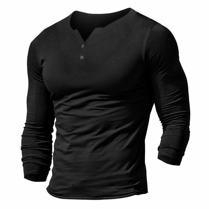 T-shirt Manches Longues Homme En Coton - Motif Tête De Mort - Col Henley Avec Boutons - Style Streetwear Vintage Décontracté